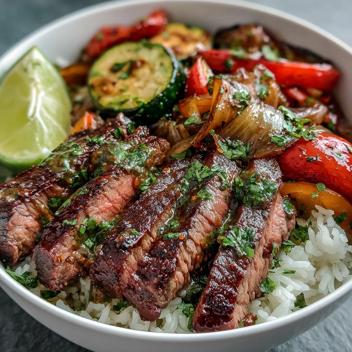 Golden-brown steak and colorful roasted vegetables rest on a bed of fluffy rice, garnished with fresh parsley and lemon wedges.  