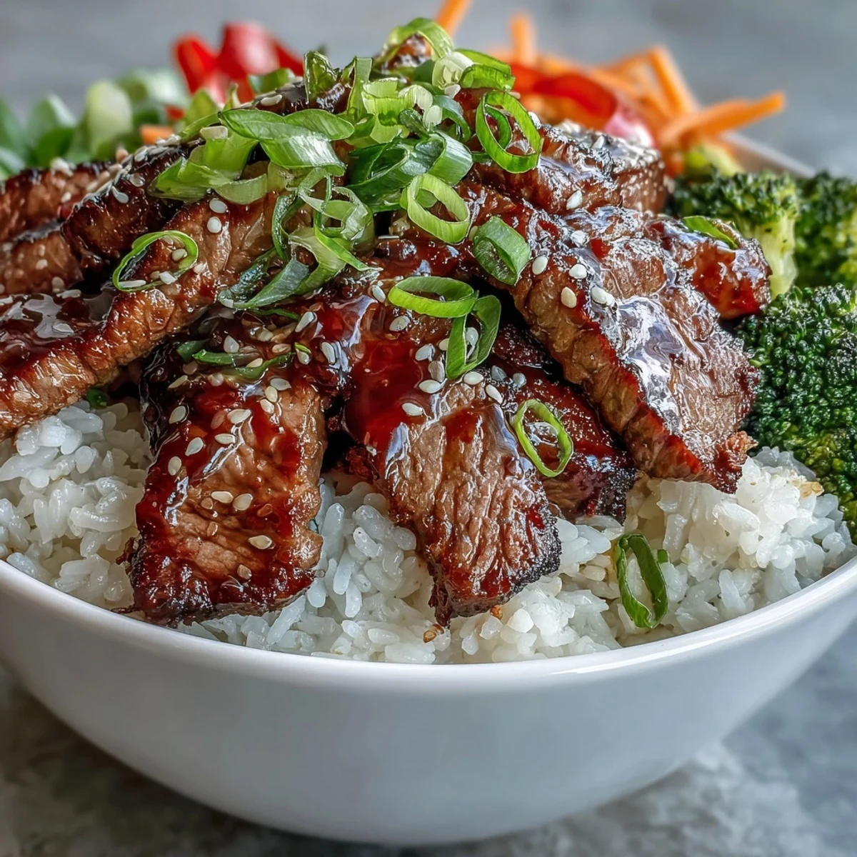 Steak and vegetables coated in glossy teriyaki sauce served over fluffy white rice in a bowl.
