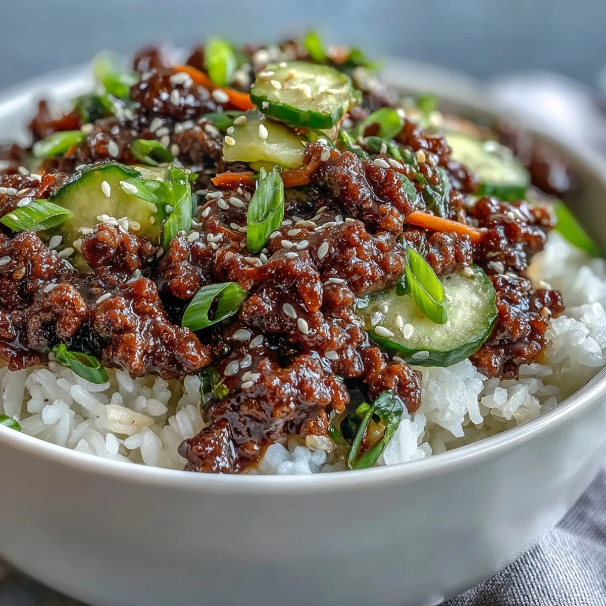 Top-down view of a Korean Ground Beef Bowl with seasoned beef, fluffy rice, and colorful quick-pickled vegetables like carrots and cucumbers.