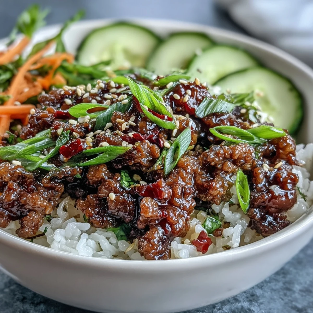 A close-up of Korean Ground Beef Bowl topped with sliced green onions and sesame seeds, ready to be eaten with chopsticks.