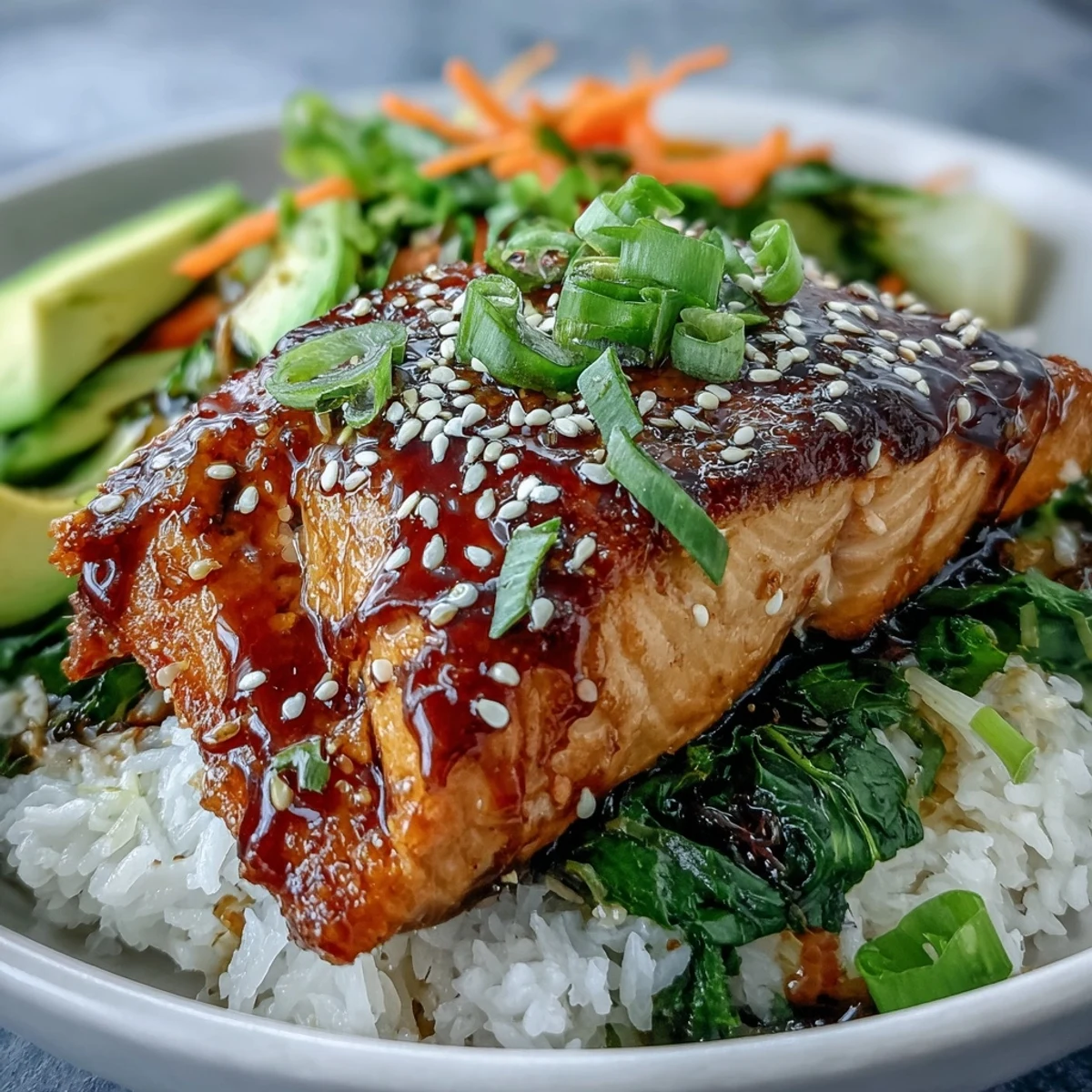 Soy Ginger Salmon Bowl topped with creamy avocado slices, green onions, and sesame seeds, ready to be drizzled with extra savory marinade.