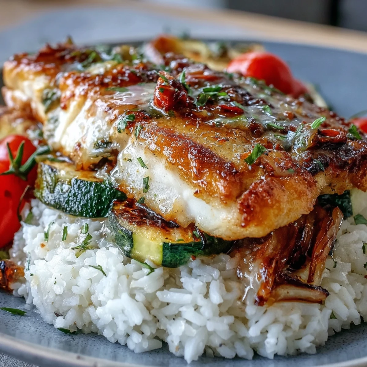 Flaky white fish atop fluffy rice with roasted vegetables in the Pan-Seared Fish Bowl, drizzled with lemon sauce.