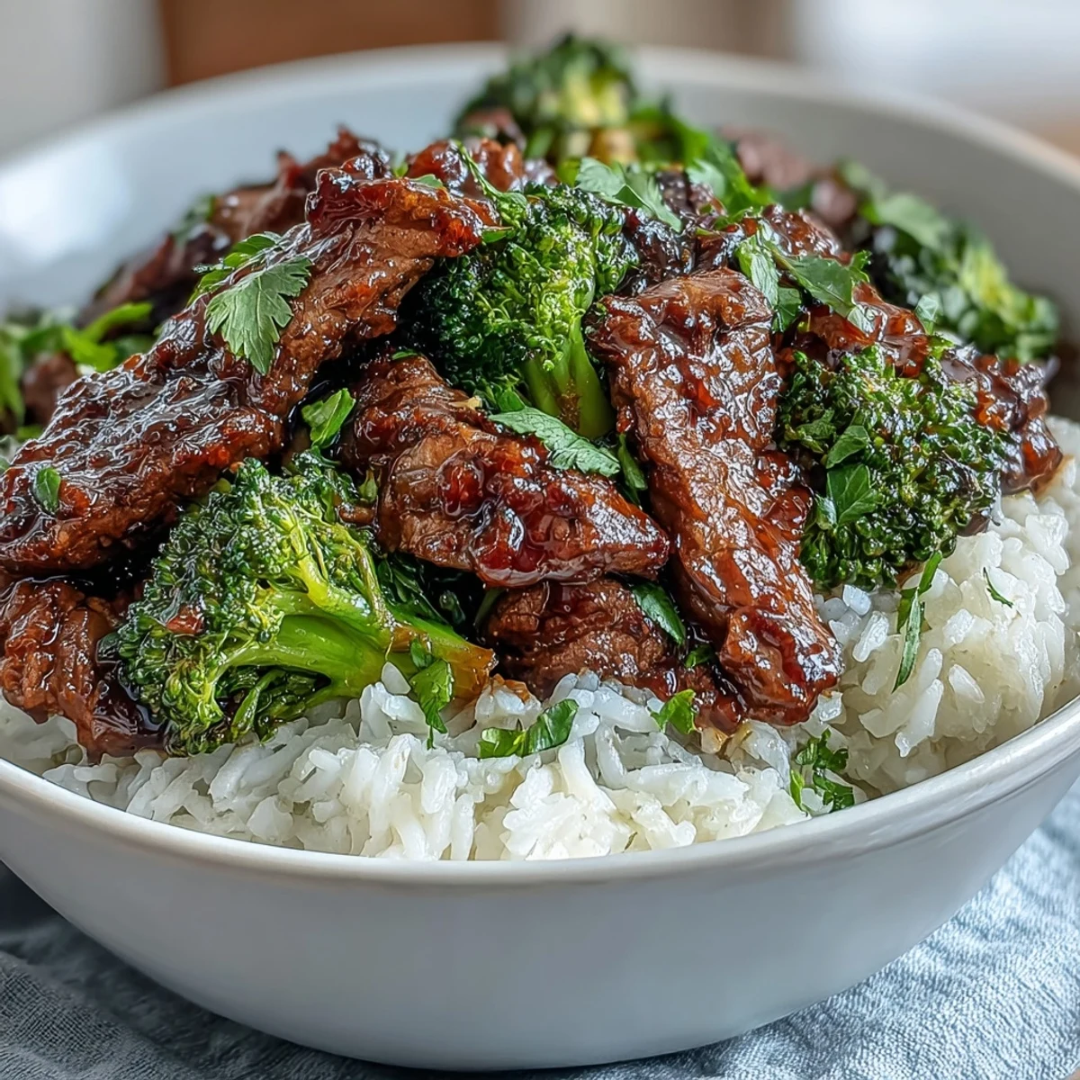 A close-up of a homemade Beef and Broccoli Bowl reveals glossy sauce coating beef and green broccoli, garnished with sesame seeds and green onions.  
