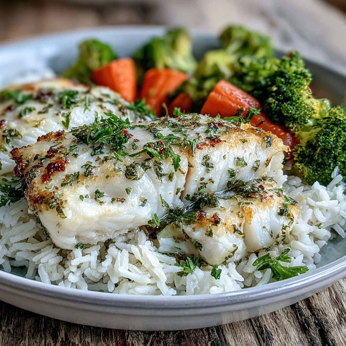 Golden herb-baked tilapia fillets resting on fluffy white rice with vibrant steamed broccoli and carrots.
