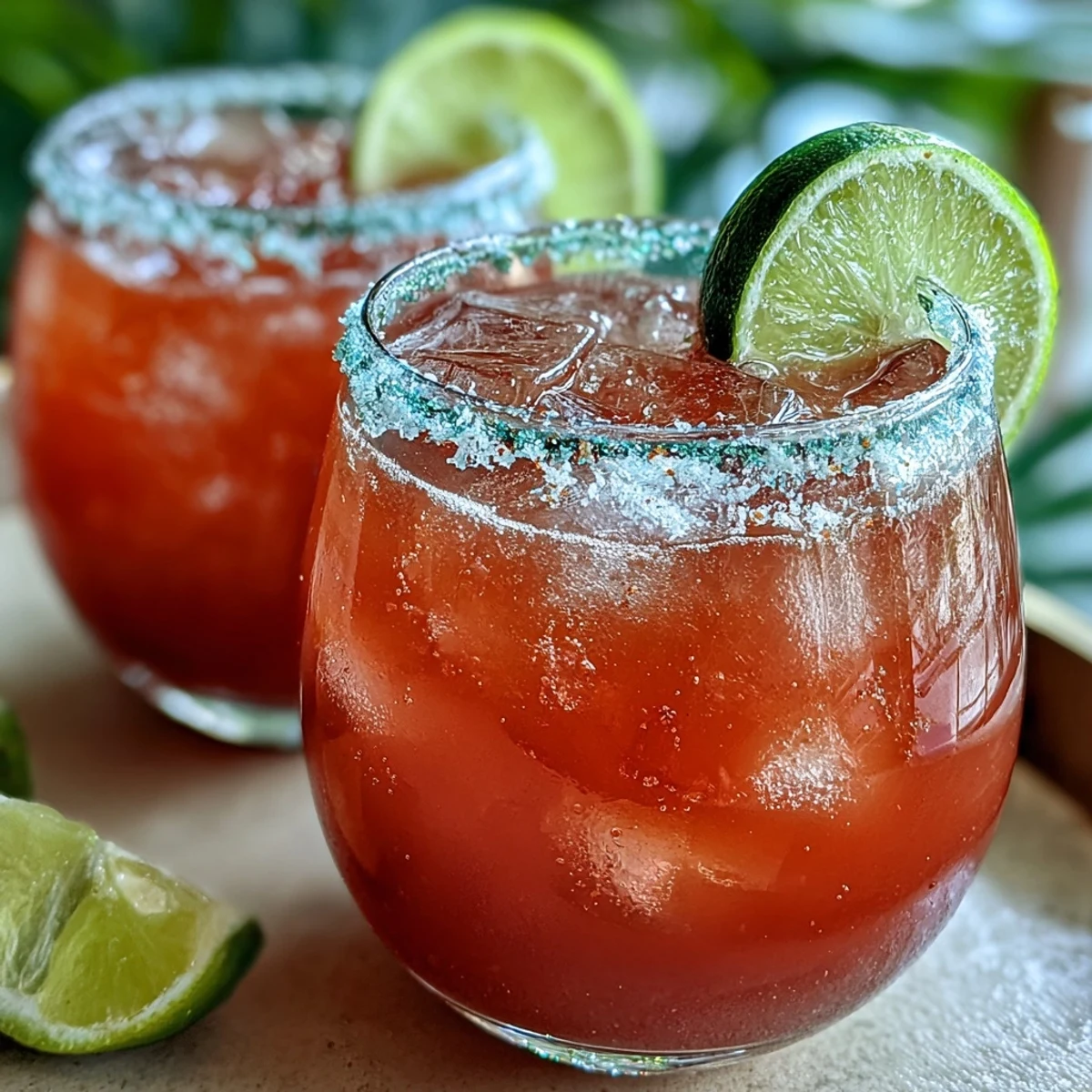 Close-up of a glass of Guava Margarita over ice, showcasing its pinkish hue and a fresh guava slice garnish.