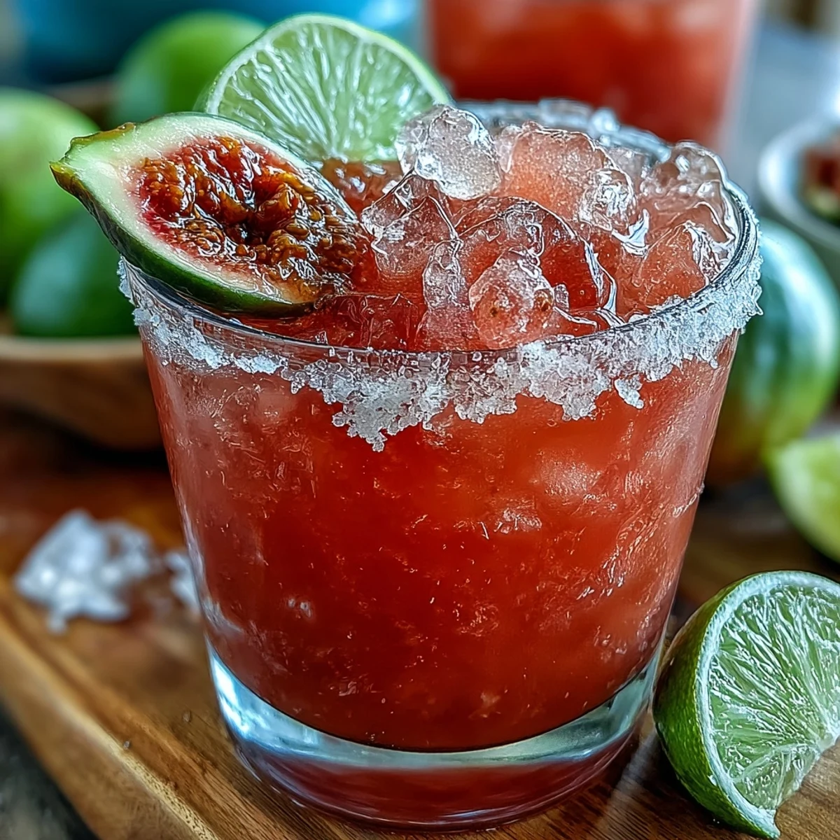 Salt-rimmed rocks glass filled with a bright pink Best Guava Margarita, garnished with fresh lime and a slice of ripe guava.