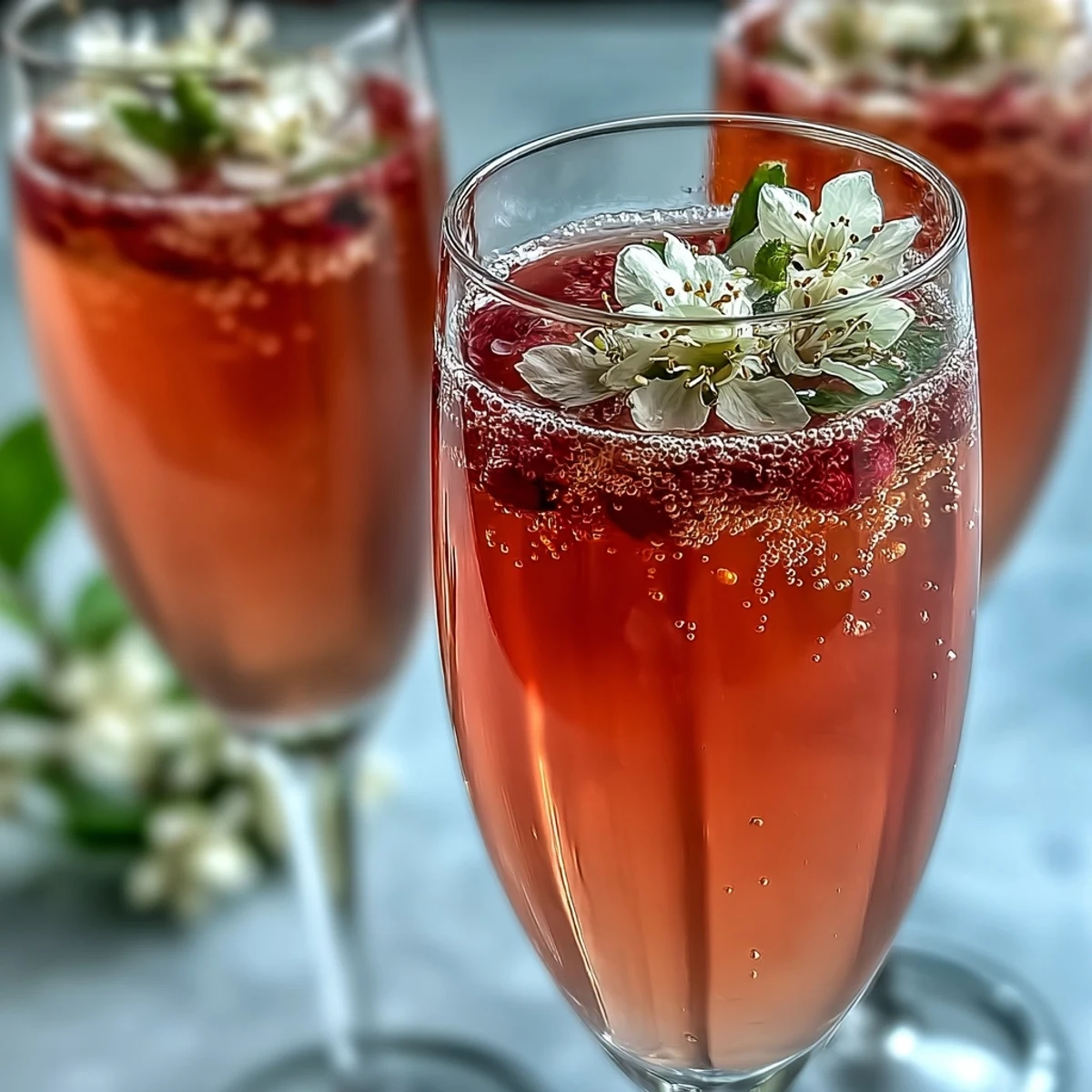 The Elderflower Guava Mimosa blends pink guava nectar and elderflower liqueur, ready to toast at a sunny brunch gathering.
