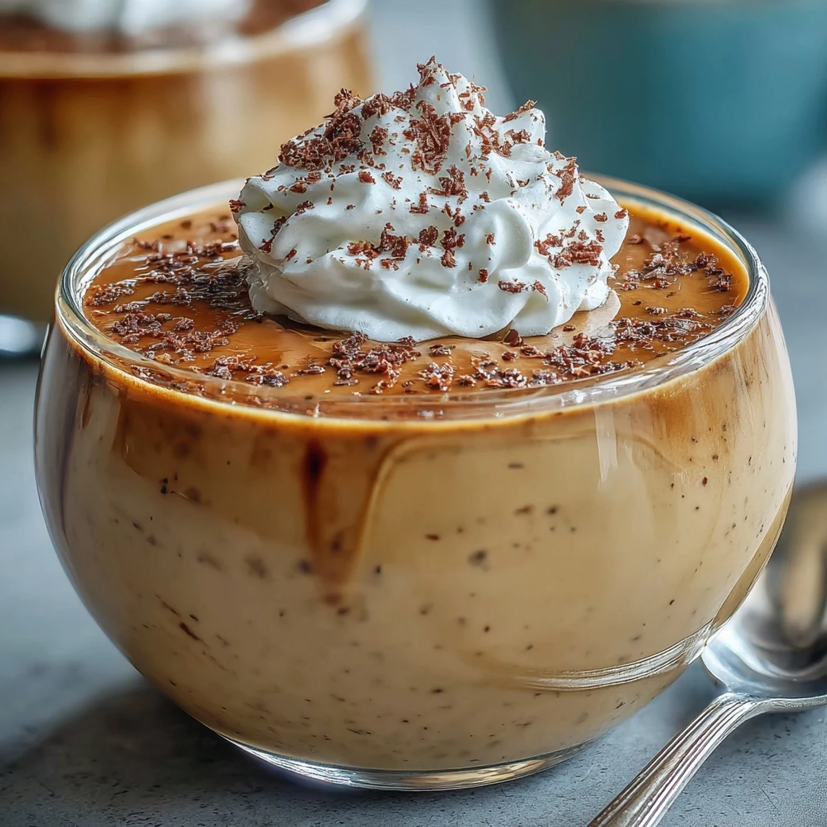 Creamy hojicha pudding in glass ramekins with whipped cream and cocoa.