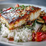 The Pan-Seared Fish Bowl shows golden seared fish, vibrant zucchini and bell peppers, and a bright lemon drizzle.