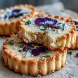 Golden shortbread cookies decorated with delicate pansies and violets, ideal for Easter dessert platters.  