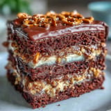 Moist chocolate cake layer filled with creamy peanut butter and pretzel crunch delight.