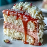 Beautiful pink rosé velvet cake, perfect for celebrations, gleams with golden frosting.