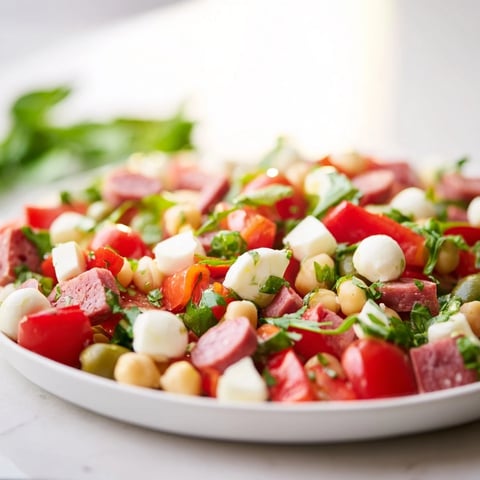 Freshly tossed Crunchy Antipasto Chopped Salad filled with chickpeas, mozzarella pearls, and vibrant diced vegetables in a zesty Italian dressing.
