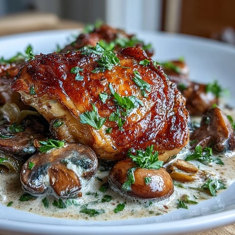 Golden-brown chicken pieces and tender mushrooms swimming in a creamy, rosé wine sauce, garnished with fresh parsley.