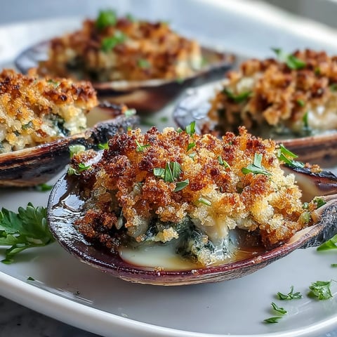 Golden, roasted littleneck clams with lemony panko and fresh parsley garnish on a baking sheet.