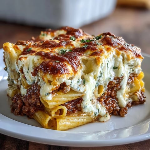 Golden bubbling mozzarella tops a 9x13-inch pan of Cottage Cheese Protein Pasta Bake with Ground Beef, featuring rigatoni and rich red sauce for a hearty family dinner.