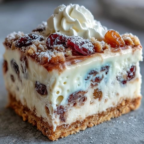 Freshly sliced Christmas Cheesecake Slab topped with whipped cream and snowy icing sugar dusting, ready for festive parties.