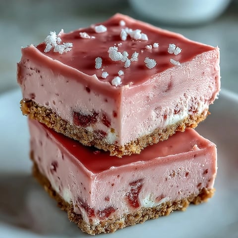 Freshly cut No-Bake Strawberry Fudge Squares on a platter, showcasing a creamy pink layer over a golden graham cracker crust.