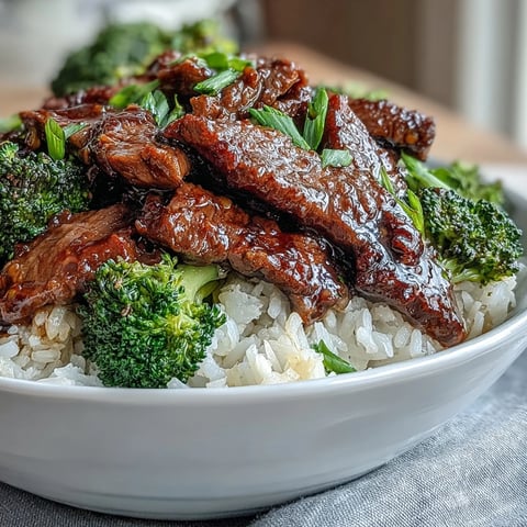 Steamed broccoli florets and tender beef strips sit atop fluffy white rice in this Beef and Broccoli Bowl, drizzled with savory soy-ginger sauce.  
