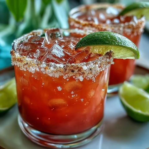 Two chilled glasses of vibrant Guava Margarita, rimmed with coarse salt and garnished with fresh lime wedges.