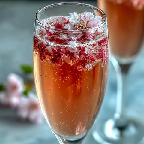 Elderflower Guava Mimosa in a flute with edible flowers, offering a bright, floral-tropical aroma for a sophisticated brunch.