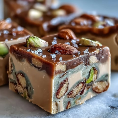 Cut Hojicha Nougat shows roasted green tea flavor, chopped almonds, and pistachios layered in squares.