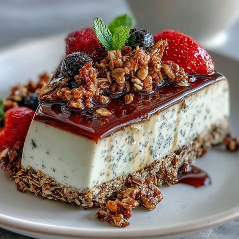 Creamy hojicha panna cotta parfait layered with fresh berries and crunchy granola in a glass.