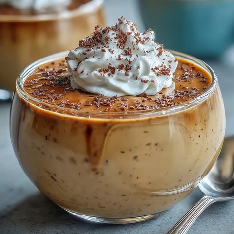 Creamy hojicha pudding in glass ramekins with whipped cream and cocoa.