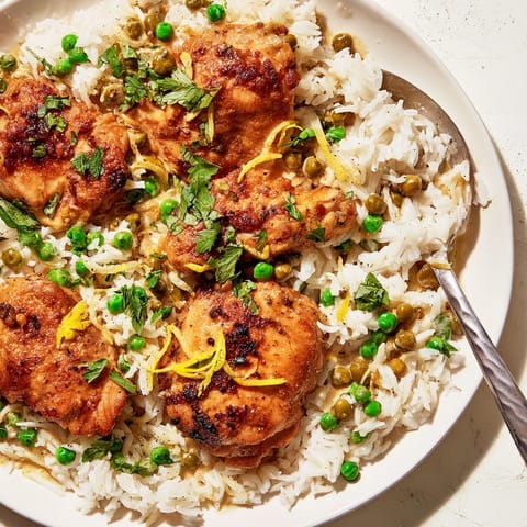 Tender One-Pot Creamy Lemon Chicken and Rice with golden chicken, creamy sauce, and vibrant peas ready to enjoy.