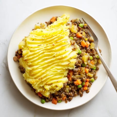 A flavorful and comforting image: a bubbling Hearty Lentil Shepherd's Pie, fresh from the oven.