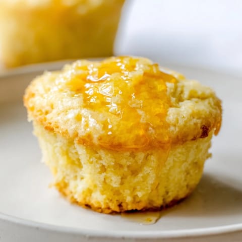A close-up of freshly baked Honey Butter Cornbread Muffins, with a sweet honey-butter glaze glistening.