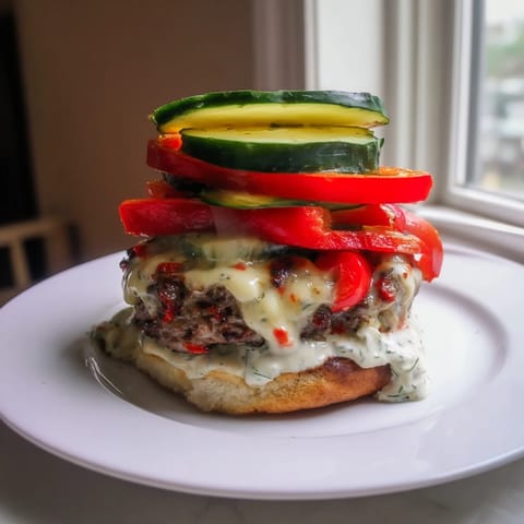 The Fire & Ice Burger: a delicious, spicy burger with cool yogurt dip and vibrant red pepper.