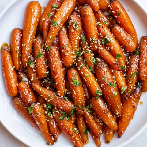 Vibrant image: savory Honey Soy Roasted Carrots, glistening with a honey soy glaze, ready to serve.