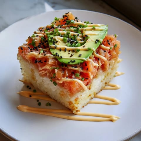 This delicious Crispy Rice Salmon Stack is layered with fresh avocado and vibrant salmon.