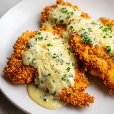 Tender Crispy Chicken with Garlic Cream Sauce; drizzled in creamy, garlicky deliciousness.