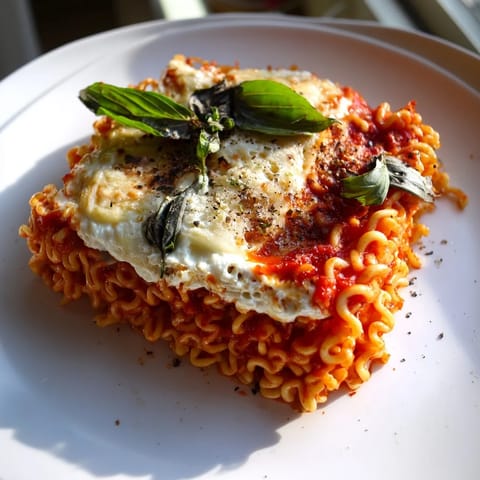 This cheesy Ramen Lasagna shows layered noodles, tomato sauce, and a satisfying, bubbly texture.