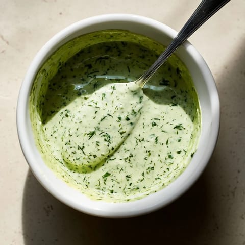 Bright green Green Goddess Dressing being poured from a glass jar over a fresh garden salad.