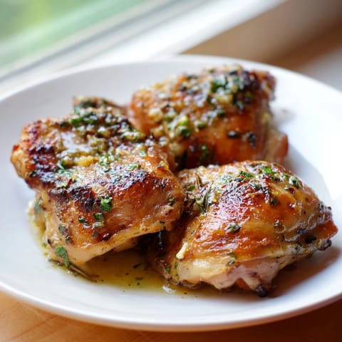 Golden-brown, crispy-skinned Garlic Butter Chicken Thighs glistening with herbs and melted butter on a plate.  