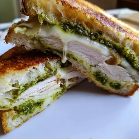A freshly pressed Chicken Pesto Panini with juicy sliced chicken, vibrant green basil pesto, and fresh spinach on ciabatta.