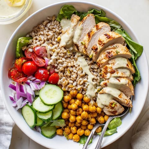 Vibrant red tomatoes and cucumber slices mingle with hearty farro, tender chicken, and bright greens in this nourishing Lemon Tahini Chicken Power Bowl.