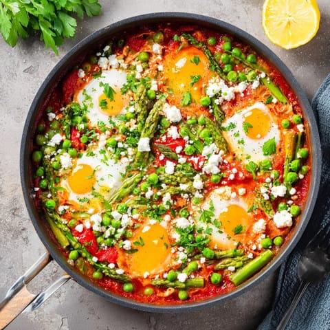 Spring asparagus and peas brighten this shakshuka, featuring runny-yolked eggs nestled in a smoky, cumin-spiced tomato sauce perfect for sharing.