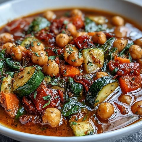 A vibrant bowl of Spicy Chickpea Stew, bursting with savory Mediterranean flavors.