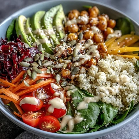 A vibrant Rainbow Buddha Bowl With Quinoa topped with roasted chickpeas, creamy avocado, and drizzled with tahini dressing.