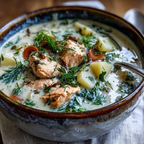 A comforting bowl of Finnish Salmon Soup with soft potatoes and carrots, steaming beside rye bread.