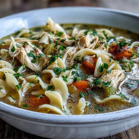 Rustic pot of Chicken and Noodle Soup simmering on the stove, filled with egg noodles and herbs.