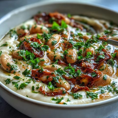 A hearty White Bean Soup with Tomato simmering in a pot, featuring aromatic herbs and diced tomatoes.
