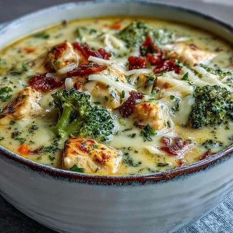 A ladle of rich Best Chicken Broccoli Cheddar Soup being poured from a Dutch oven into a bowl.
