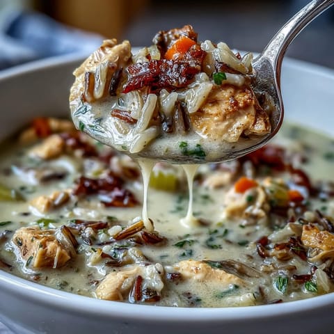 A close-up of rich Parmesan Mushroom Chicken and Wild Rice Soup with tender chicken pieces, sliced mushrooms, and visible wild rice grains.