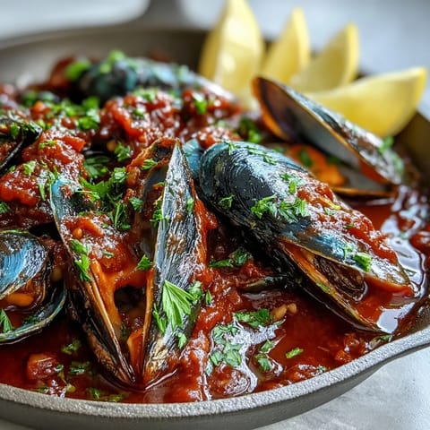 A close-up of vibrant red Smoky Mussels Pomodoro, garnished with parsley and simmering white wine steam rising from the skillet.  