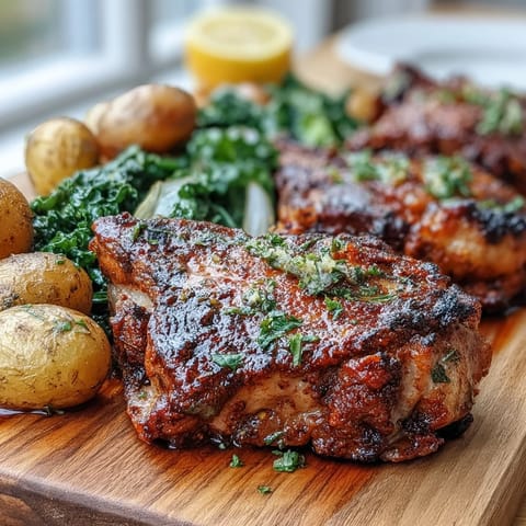 Juicy, pimentón-marinated pork chops resting beside tender potatoes and vibrant greens, perfect for a gluten-free dinner.